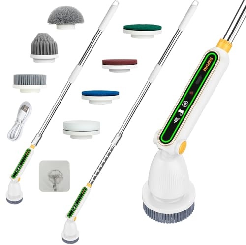Elektrische Reinigungsbürste mit teleskop, Electric Spin Scrubber 7 Austauschbare Bürstenköpfe, 30-130cm Verstellbarer Griff, 120 Min. Laufzeit, Stromschutz, Vielseitig für Bad, Küche und Auto Weiß