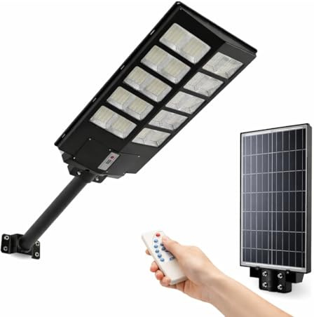 DE ROSA SHOP Lampione LED Esterno con Pannello Solare 1200W, 6500K Bianco Freddo e Sensore Di Movimento 18000mAh, Telecomando + Staffa IP65 Impermeabile