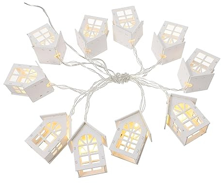 Ghirlanda Luminosa LED Casa in Legno Bianca, 10 Pezzi | Albero di Natale, Uso Esterno, Alimentazione Cavo, Prestazioni Stabili Colore Casuale