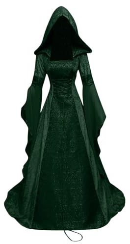 Genérico Disfraz de Halloween Vestidos de Epoca Medieval Falda Larga con Capucha para Mujer Juego de Roles Disfraz de Brujas Vestidos Medievales Caseros Uniforme de Corte Retro (Green, XXXL)