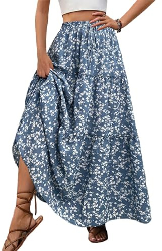 EMOTTOS Jupe Taille Elastique, Jupe Longue Femme Boheme avec Ceinture élastiquée, Taille Haute, Ligne A, Motif Floral, Style Vintage Décontracté pour l'été, Bleu L