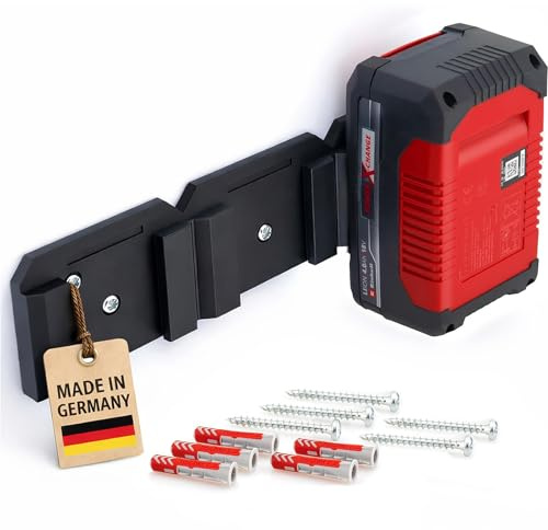 Akku Wandhalterung für Einhell 18V Akkus Power X-Change - robuste platzsparende Halterung, Aufbewahrung für 3 Akkus, 5 Schrauben & 5 Dübel, Einfache Montage mit Einrastfunktion [Made in Germay]