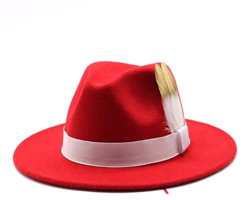 Herbst Winter Wollmütze Feder Filzhut Flache Krempe Große Krempe Jazzhut(Rot)