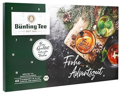 Bünting Tee Bio Tee-Adventskalender 2025 Frohe Adventszeit - 48 aromaversiegelte Aufgussbeutel in 24 verschiedenen Sorten