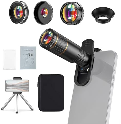Teleobjetivo 22X, Ojo de Pez de 205°, Gran Angular 4K 0,67X, Kit de Lentes Macro 25X con Clip Universal y Trípode para Teléfono Inteligente