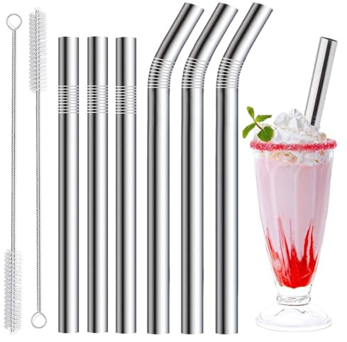 6 pajitas de acero inoxidable, pajitas de vidrio reutilizables, con 2 cepillos de limpieza para batidos, cócteles, batidos, bebidas frías/calientes (3 rectas + 3 dobladas + 2 limpiadores) sin BPA