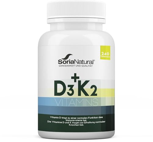 Vitamina D3 K2 MK7 2000 UI 240 Compresse Assorbimento Max - 8 Mesi - Rafforzare Ossa, Denti, Sistema Immunitario ed Energia - Vitamina K2 MK7 Vitamin D Soria Natural