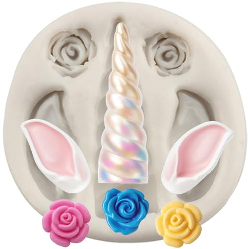 Sijiangmold Unicorn Silicone Moulds Unicorn Horns Ears Roses Fondant Mould for Cake Decoration Chocolate Cupcake Topper Candy Polymer Clay Gum Paste