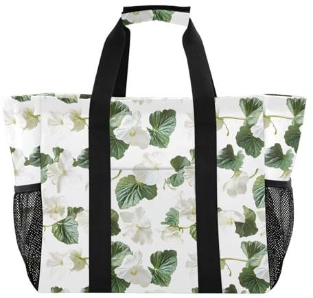 linqin Weiße Begonie grüne Blätter, Mehrzwecktasche, Leinen, zusammenklappbar, wiederverwendbar, Einkaufstasche, sanddicht, für Reisen, Weiße Begonie, grüne Blätter, 1 size