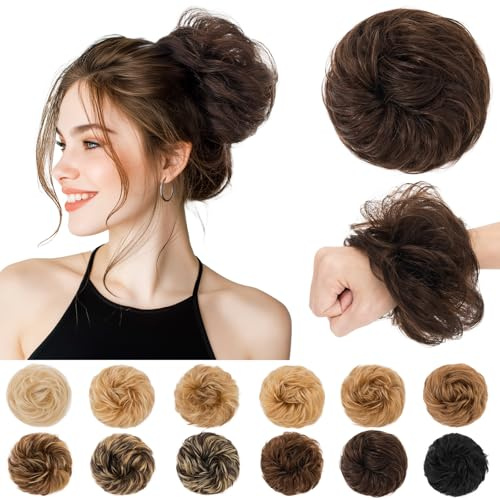 SEGO Pro Real Human Hair Messy Bun Scrunchie, Donut Bun Hair Piece for Women - Curly, 2# Dark Brown, Pack of 1