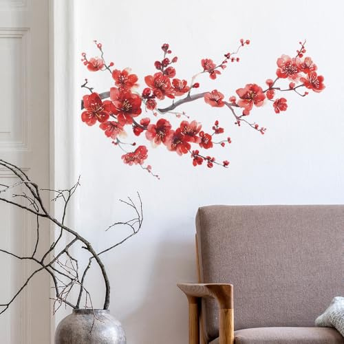 Stickers Muraux Fleurs de Cerisier 60cm x 35cm Rouge Floral Japonais Peinture Aquarelle