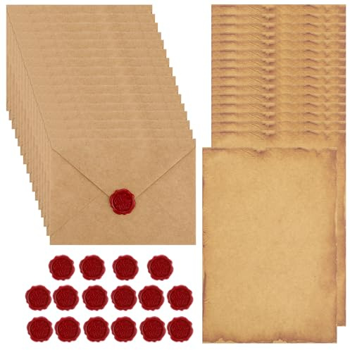 Smivyhp 48 Stück Vintage Briefpapier Set mit Umschlag B6 16 Kraftpapier Briefpapiere 21x14,5 cm 16 Pergamentpapier Umschläge 16 Wachssiegel Aufkleber für Liebesbrief Hochzeit Geburtstag