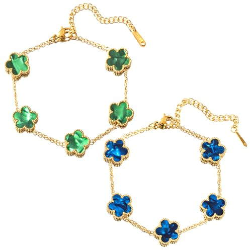APRRMLIZW 18k Goldplattiertes Vierblättriges Kleeblatt Armband 2 Stück Einfache Design Stil Lucky Kleeblatt Schmuck Armband Damen Gold Vierblättriges Armband Set Für Damen Und Mädchen (Blau + Grün)