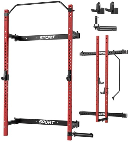 Garvee Folding Squat Rack for Home Gym, 2.36 in x 2.36 in Wall Mounted Foldable Squat Rack with Pull Up Bar, J Hooks and Landmine Attachments, 1000 LBS Capacity Space Saving Weight Power Cage