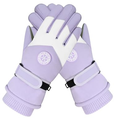 Feelorna Skihandschuhe für Damen, Winter, Touchscreen, warm, wasserdicht, mit Plüsch, winddicht, Thermo-Snowboard-Handschuhe zum Skifahren, Radfahren, Reiten (lila-weiß)