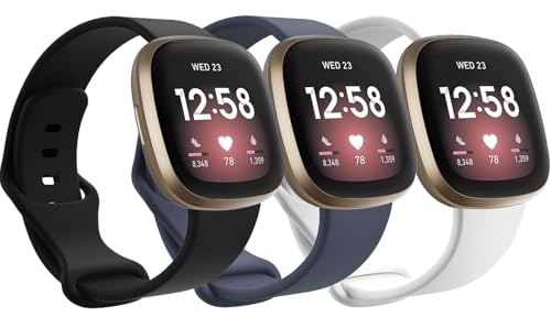 Garmcool Silikonband 3 Pack för Fitbit versa 4/3, Sense 2 / Sense Armband, Justerbart Sportarmband för Män Och Kvinnor/Svart, Blågrå, Vit, S