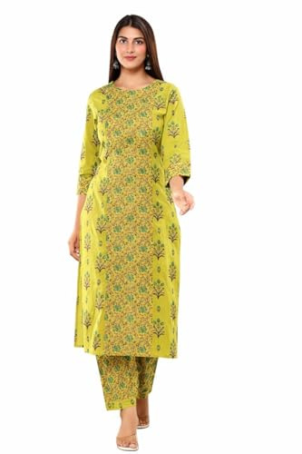 Women’s Green Cotton Printed Ethnic Designer Kurti | Round Neck, 3/4 Sleeve Indian Tunic Top for Casual & Festive Wear (Green, XL)