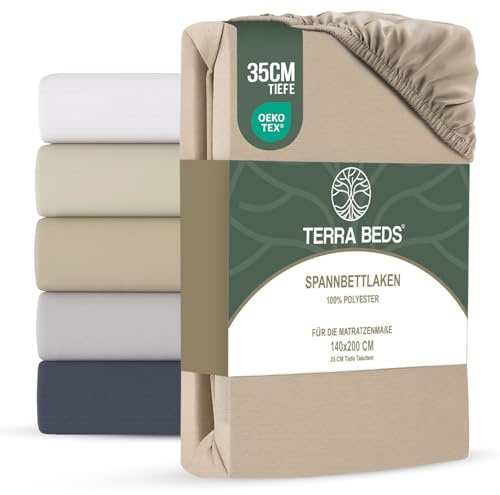 Terra Beds Lenzuolo con angoli 140 x 200 cm - Lenzuolo con angoli in microfibra di poliestere, certificato Öko-Tex, tasca profonda 35 cm, lenzuolo in jersey antipiega, colore: beige