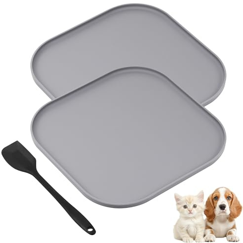 Hahorpa 2 Pezzi Tappetino Ciotola Cane, Tappetino Ciotole Gatto con Bordo Rialzato, Impermeabile e Facile da Pulire, Tappetinos Antiscivolo in Silicone per Ciotole per Cani e Gatto, Grigio, 26×26cm
