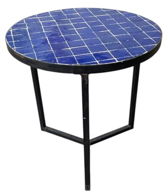 Table basse marocaine en Zellige, mosaïque bleue avec base en fer noir, plateau rond 50 cm, artisanat pour intérieur et extérieur