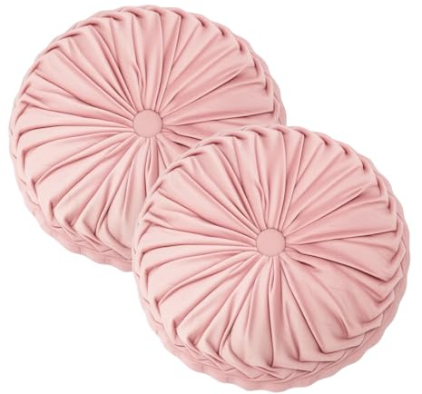 Minifactory 2pcs Washable Round Pumpkin Cushions, Soft Velvet Plush Pillows with Decorative Button, Modern Decorative Throw Pillows for Sofa, Bed, Car & Home Decor (Pink)