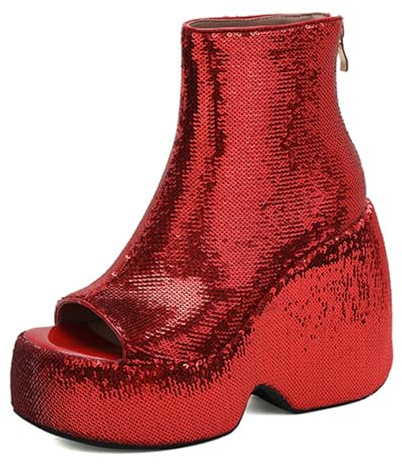 Eestfy Stivaletti alla Caviglia con Piattaforma Donna Tacco Piattaforma Spesso Tomaia a Paillettes Punta Peep Toe Tacco Alto Stivaletti Stivali da Performance per Feste,Rosso,41 EU
