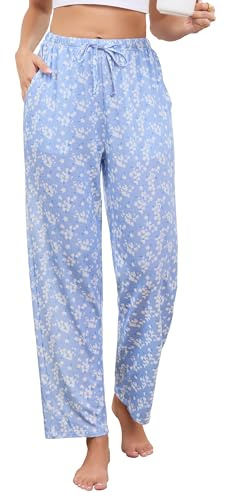 Vlazom Women's Pyjama Bottoms Soft Cotton Printed Lounge Pants S-3XL | Cute Patterned Long Pants Wide Leg Pj Trouser with Pockets Drawstring for Loungewear