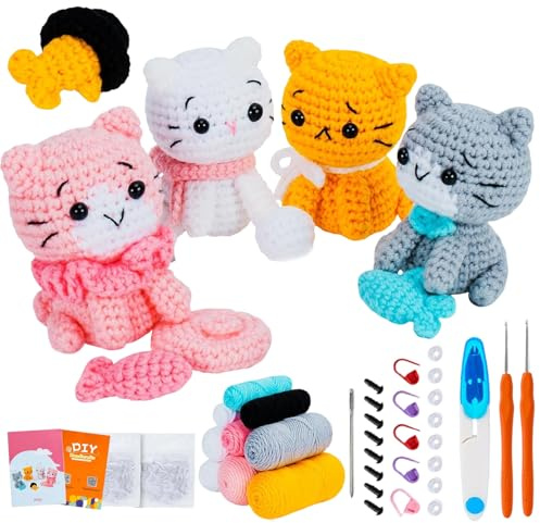 Cioquli Häkelset für Anfänger, 4 Stück Häkelset Tiere mit Häkelnadeln, Werkzeugen und Schritt für Schritt Video, Häkel Zubehör, DIY Stricken Set für Anfänger, Erwachsene, Häkelliebhaber Geschenk