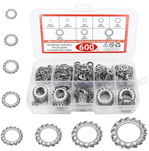 OMJMYY 600 Piezas Arandelas De Seguridad Dentadas Externo Arandelas de Bloqueo de Dientes 304 Acero Inoxidable Arandelas Dentadas Surtidos M2,5 M3 M4 M5 M6 M8 M10 M12