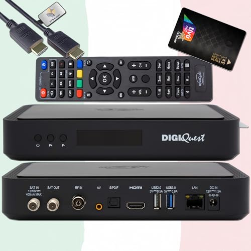 DigiQuest Q99 - Receptor satélite Combo 4K UHD con tarjeta TiVuSat Negro - Italiano TV Rai Mediaset LA7, DVB-S2/T2, HEVC HDR, PVR Ready, LAN, USB, receptor 4K certificado + cable HTS e-com HDMI