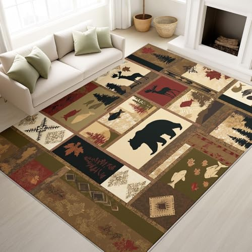 Alfombra lavable para sala de estar, alfombra antideslizante de animales salvajes, alfombra vintage nostálgica de retazos, alfombra de pelo corto para dormitorio, comedor, cocina, alfombra de