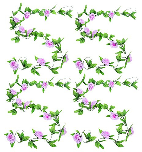 Zhiheng 4 Pack 2.4 Meters Artificial Rose Vines with Green Leaves Fake Flowers Plants Hanging Garden Vine Garland for Wedding Home Party Decor Rustic Craft Supplies (Lilac)