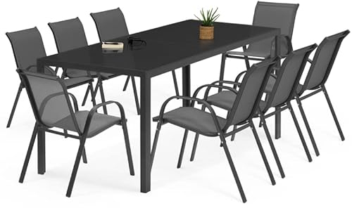 IDMarket Gartengarnitur Madrid Tisch 190 cm und 8 Stapelstühle anthrazit grau