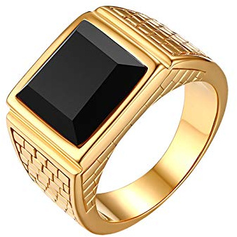 Flongo Herren Ring, Männer Edelstahl Ring Band Gold Ton mit Glas Hochzeit Verlobung Engagement Bandring Siegelring Daumenring Bequemlichkeit Passen Herren Schmuck Herren-Accessoires