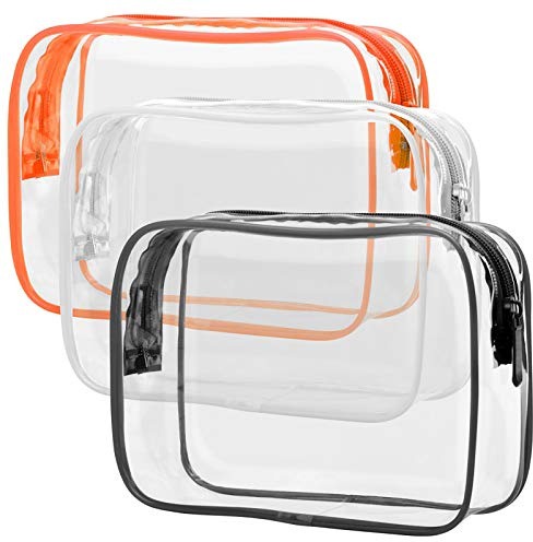 PACKISM Kulturbeutel, transparent, TSA-geprüft, Quartgröße, Reise-Make-up-Kosmetiktasche für Damen und Herren, Flughafen-konforme Tasche, Schwarz, Weiß, Orange, 3 Stück