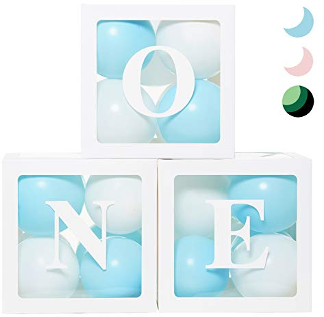 1st Birthday 'ONE' Boxes - Boy Decorations with 24 Balloons - Clear Cube Blocks 'ONE' Letters for Cake Smash Photoshoot Props & Backdrop