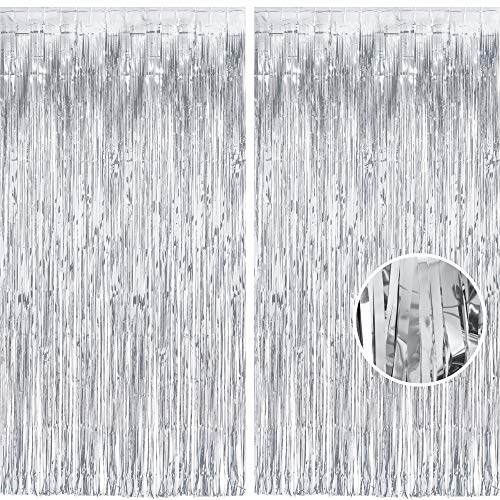 BRAVESHINE 2 Stück Metallic Lametta Folie Fransen Vorhänge, Sparkle Metallic Party Vorhänge für Weihnachten Geburtstagsfeier Disco Deko (Silber)