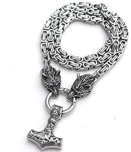 C2Jew Männer Wikinger Fenrir Wolfskopf Mjolnir Halskette Thor Hammer Anhänger Aus Edelstahl Von Double Side Gearbeitet,Silber,70cm