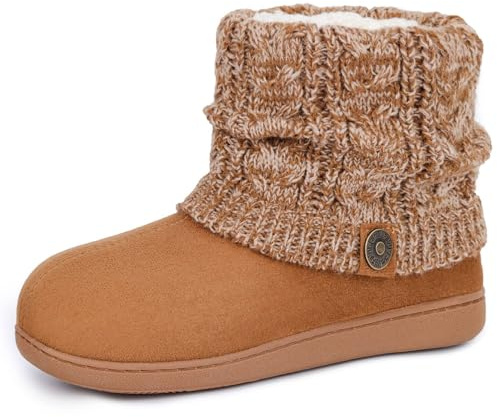 FamilyFairy Women's Bootie Slippers Warm Memory Foam House Shoes for Indoor Outdoor Winter(7-8,Brown)