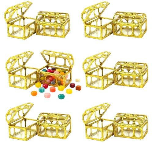 HAN SHENG 12 Pack Plastic Treasure Chest Candy Boxes - 2.9x2.0 Transparent Empty Gift Favor Boxes for Wedding, Christmas, Birthday Party (Gold)