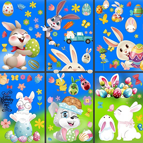 WINSVAN Ostern Fensterbilder Selbstklebend, 9 Blätter Fenstersticker Ostern Dekoration für Zuhause, Fensterdekoration Ostern mit Hasen Ostereier Muster für Frühlingsdeko, Osterdeko