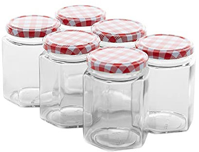 ZENO Glass Jam Jars 250ml | Glass Preserve Pots with Screw Top Red Gingham Lids | Airtight Pickle Jars | Homemade Jam | Marmalade & Chutney Jar (12 Pack)