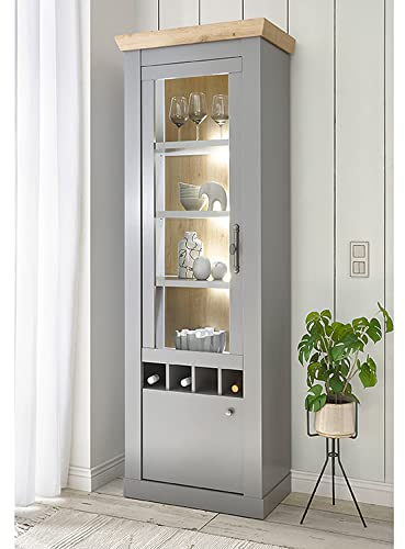 Lomadox Wohn-/Esszimmer Vitrine mit Weinregal in grau mit Artisan Eiche Nb., B/H/T ca. 71/201/37 cm