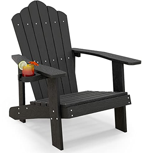 GOPLUS Adirondack Gartenstuhl mit Getränkehalter, Gartensessel mit Komfortabler Rücklehne & Breiten Armlehnen, Wetterfester Gartenstuhl für Garten Terrasse Feuerstelle Balkon (Schwarz)