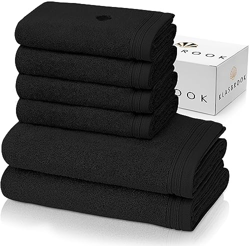 KLASBROOK® Linnea 6 teiliges Luxus Handtücher Set Schwarz, extra flauschig und saugfähig aus 100% Baumwolle Oeko-TEX 100 Zertifiziert mit Aufhänger, 4 Handtücher 50x100 + 2 Badetücher 70x140