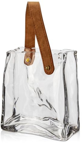 Glass Purse Vase for Flowers Clear Vases for Centerpieces Glass Bag Vase with Leather Handle Small Bag Vases for Decor Decorative Fish Bowl for Home Wedding Decor