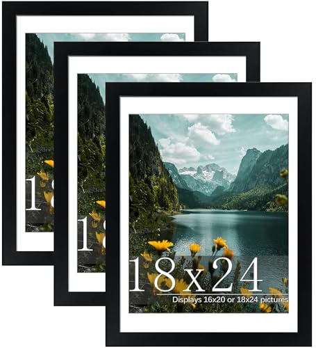 Picrit 18x24 Picture Frame 3 Pack, Black Poster Frame, Display Poster 16 x 20 with Mat or 18 x 24 without Mat for Horizontal or Vertical Wall Mounting