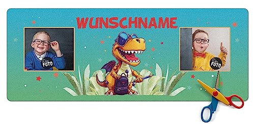 PR Print Royal Schreibtischunterlage selbst gestalten mit Fotos und Name - Dino mit Schultasche - Waschbar, Personalisierte Geschenke zur Einschulung | 800 x 300 mm, Rutschfest, Schreibtischschutz
