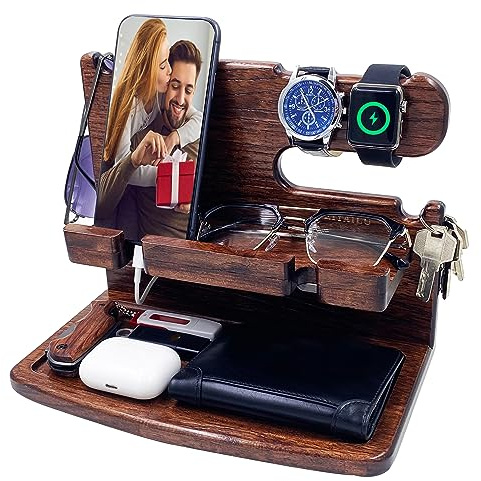 VEIYAILU Regali per uomini, papà, marito, fidanzato, comodino, organizer da uomo, in legno, docking station per telefono, idee regalo per la festa del papà, Natale e San Valentino (marrone scuro)