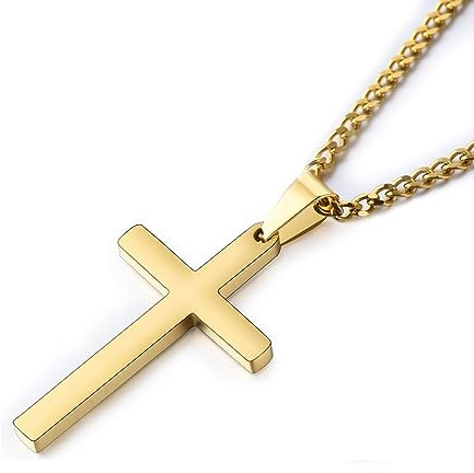 USEEDOVIA Cross Necklace for Men, 316L Stainless Steel Mens Necklace with Cross Pendant, Gold Link Chain (55+5cm) Christmas Religious Birthday Gifts for Him Boys